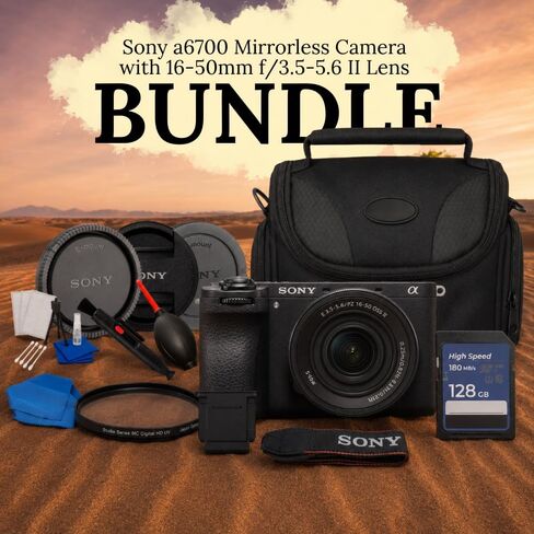Sony Alpha a6700 Mirrorless Camera with 16-50mm f/3.5-5.6 II Lens Bundle – 128GB Memory Card, UV Filter, Camera Bag, Tripod Cleaning Kit, Microfiber Cloth – Content Creator Kit (Renewed) in Kuwait