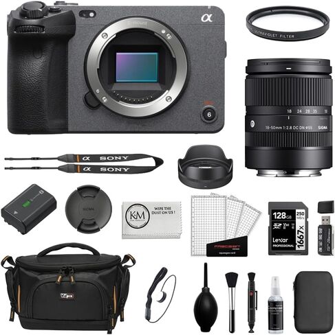 Sony FX30 Digital Cinema Camera Bundle with Sigma 18-50mm f/2.8 DC DN Contemporary Lens + UV Filter + 128GB Card + Cap Keeper + Memory Card Reader + Camera Bag + Cleaning Kit + Cloth (10 Items) in Kuwait