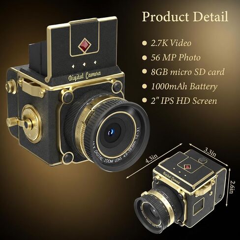 Vintage Digital Camera - Retro Portable Point and Shoot Decorative Design Camera - Compact Autofocus Small Camera 2.7K Video 56MP for Beginners Kids Teens in Kuwait