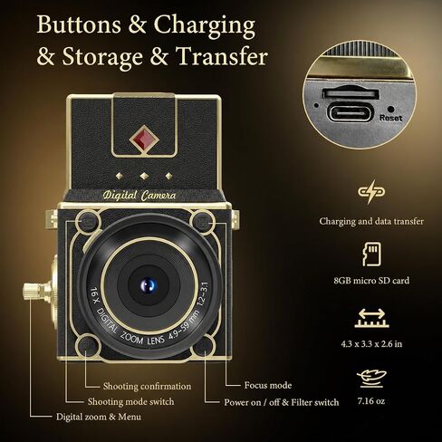 Vintage Digital Camera - Retro Portable Point and Shoot Decorative Design Camera - Compact Autofocus Small Camera 2.7K Video 56MP for Beginners Kids Teens in Kuwait