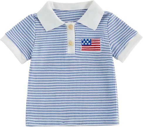 Karuedoo Toddler Baby Boy 4th of July Outfit American Flag Embroidery Striped Short Sleeve Polo T-Shirt Waffle Collared Tops in Kuwait