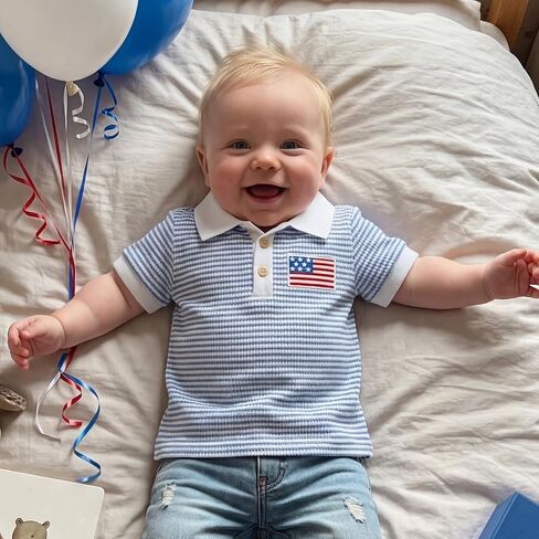 Karuedoo Toddler Baby Boy 4th of July Outfit American Flag Embroidery Striped Short Sleeve Polo T-Shirt Waffle Collared Tops in Kuwait