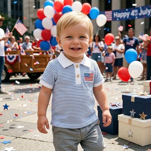 Karuedoo Toddler Baby Boy 4th of July Outfit American Flag Embroidery Striped Short Sleeve Polo T-Shirt Waffle Collared Tops in Kuwait