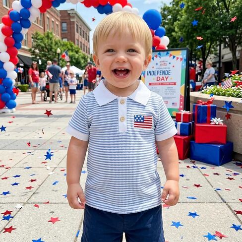 Karuedoo Toddler Baby Boy 4th of July Outfit American Flag Embroidery Striped Short Sleeve Polo T-Shirt Waffle Collared Tops in Kuwait