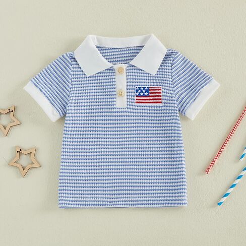 Karuedoo Toddler Baby Boy 4th of July Outfit American Flag Embroidery Striped Short Sleeve Polo T-Shirt Waffle Collared Tops in Kuwait