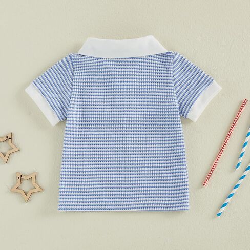 Karuedoo Toddler Baby Boy 4th of July Outfit American Flag Embroidery Striped Short Sleeve Polo T-Shirt Waffle Collared Tops in Kuwait