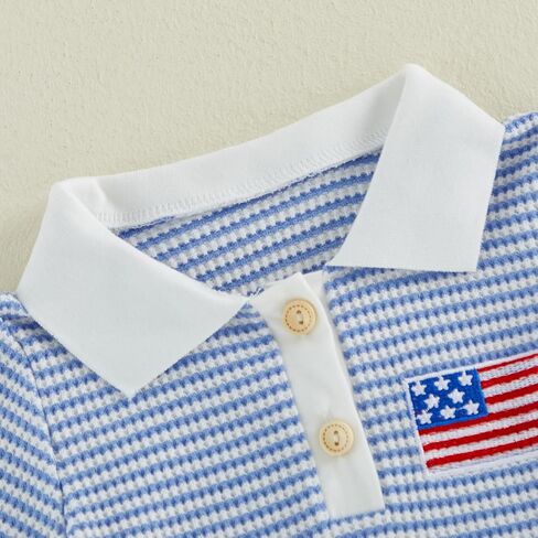 Karuedoo Toddler Baby Boy 4th of July Outfit American Flag Embroidery Striped Short Sleeve Polo T-Shirt Waffle Collared Tops in Kuwait