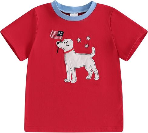Userdefined Baby Boy 4th of July Outfit Dog Embroidery Toddler Shirts | USA T-Shirt Tops Baby Boy Summer Clothes in Kuwait