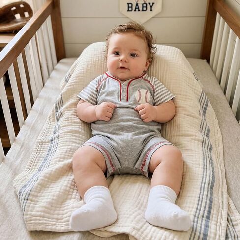 Honganda Baby Boy Baseball Jumpsuit Striped Raglan Sleeve V Neck Baseball Romper Newborn Infant Boy Summer Outfit in Kuwait