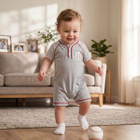 Honganda Baby Boy Baseball Jumpsuit Striped Raglan Sleeve V Neck Baseball Romper Newborn Infant Boy Summer Outfit in Kuwait