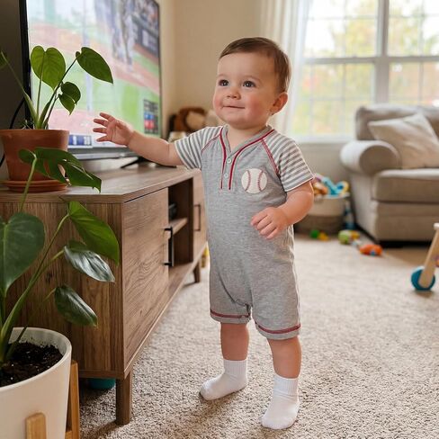 Honganda Baby Boy Baseball Jumpsuit Striped Raglan Sleeve V Neck Baseball Romper Newborn Infant Boy Summer Outfit in Kuwait