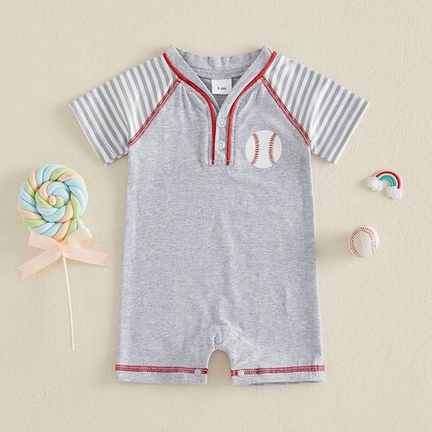 Honganda Baby Boy Baseball Jumpsuit Striped Raglan Sleeve V Neck Baseball Romper Newborn Infant Boy Summer Outfit in Kuwait