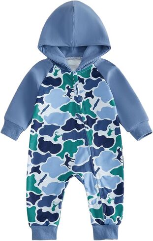 Newborn Baby Boy Fall Winter Clothes Long Sleeve Hooded Romper Jumpsuit | Newborn Baby Boy Fall Winter Clothes Camouflage Hooded Zipper Jumpsuit Long Sleeve Romper Infant One Piece Outfit in Kuwait