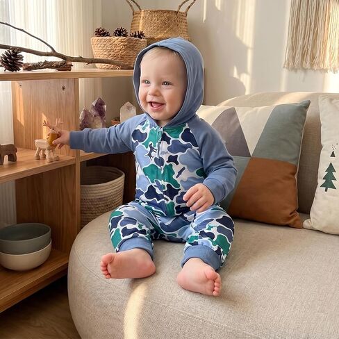 Newborn Baby Boy Fall Winter Clothes Long Sleeve Hooded Romper Jumpsuit | Newborn Baby Boy Fall Winter Clothes Camouflage Hooded Zipper Jumpsuit Long Sleeve Romper Infant One Piece Outfit in Kuwait