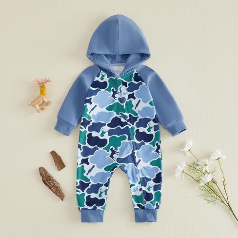 Newborn Baby Boy Fall Winter Clothes Long Sleeve Hooded Romper Jumpsuit | Newborn Baby Boy Fall Winter Clothes Camouflage Hooded Zipper Jumpsuit Long Sleeve Romper Infant One Piece Outfit in Kuwait