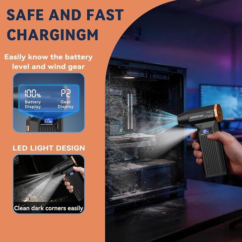 Electric Air Duster - 130000RPM Rechargeable Cordless Compressed Air Duster | 4-Gear Adjustable Mini Turbo Blower, Brushless Motor, PC Dust Cleaner with LED, Portable, For Computer Keyboard Car Outdoor in Kuwait