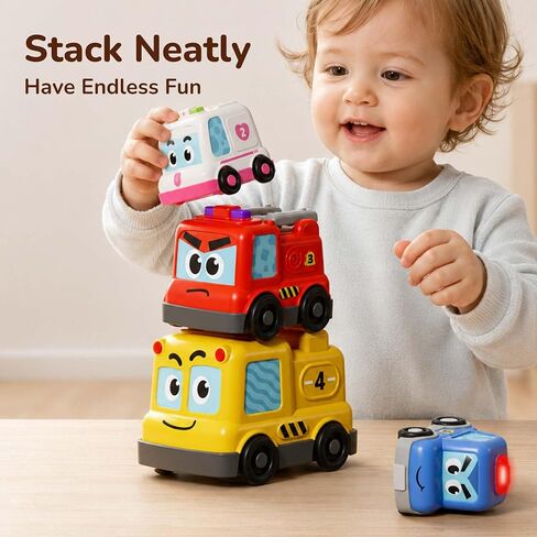 iPlay, iLearn Baby Stacking Nesting Car Toy, Toddler Montessori Vehicle Set | 4 in 1 Infant Push Go Car, Magnetic Crawling Sensory Toy w/ Light Sound, 1st Birthday Gift for 18 Month Ages 2 3 Boy Girl Kid in Kuwait