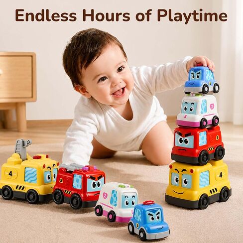 iPlay, iLearn Baby Stacking Nesting Car Toy, Toddler Montessori Vehicle Set | 4 in 1 Infant Push Go Car, Magnetic Crawling Sensory Toy w/ Light Sound, 1st Birthday Gift for 18 Month Ages 2 3 Boy Girl Kid in Kuwait