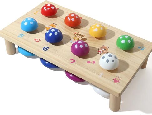 Wooden Mushroom Push Bell Toy, 8 Note Colorful Montessori Musical Toys for Toddlers, Sensory Development Hand Eye Coordination Learning Toy, Baby Musical Instrument Gift for 1 2 3 Year Old Boys Girls in Kuwait