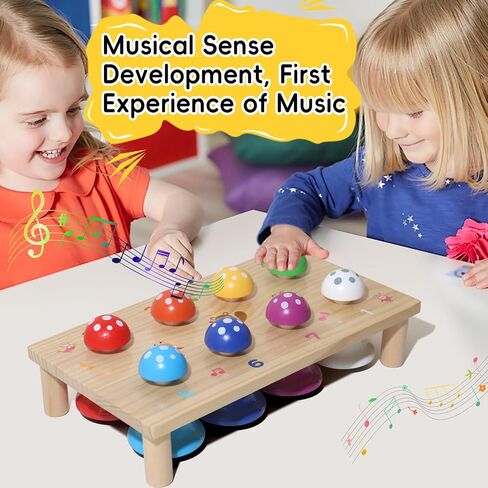 Wooden Mushroom Push Bell Toy, 8 Note Colorful Montessori Musical Toys for Toddlers, Sensory Development Hand Eye Coordination Learning Toy, Baby Musical Instrument Gift for 1 2 3 Year Old Boys Girls in Kuwait