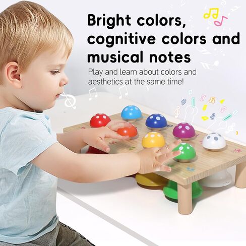 Wooden Mushroom Push Bell Toy, 8 Note Colorful Montessori Musical Toys for Toddlers, Sensory Development Hand Eye Coordination Learning Toy, Baby Musical Instrument Gift for 1 2 3 Year Old Boys Girls in Kuwait