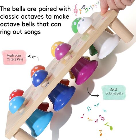 Wooden Mushroom Push Bell Toy, 8 Note Colorful Montessori Musical Toys for Toddlers, Sensory Development Hand Eye Coordination Learning Toy, Baby Musical Instrument Gift for 1 2 3 Year Old Boys Girls in Kuwait