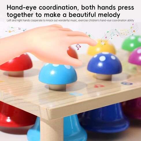 Wooden Mushroom Push Bell Toy, 8 Note Colorful Montessori Musical Toys for Toddlers, Sensory Development Hand Eye Coordination Learning Toy, Baby Musical Instrument Gift for 1 2 3 Year Old Boys Girls in Kuwait