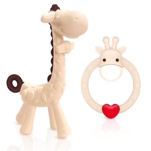 SHARE&CARE BPA Free Silicone Giraffe Baby Teether Toy with Storage Case, for 3 Months Above Infant Sore Gums Pain Relief and Baby Shower, Baby Teething Toys (Pink) in Saudi Arabia