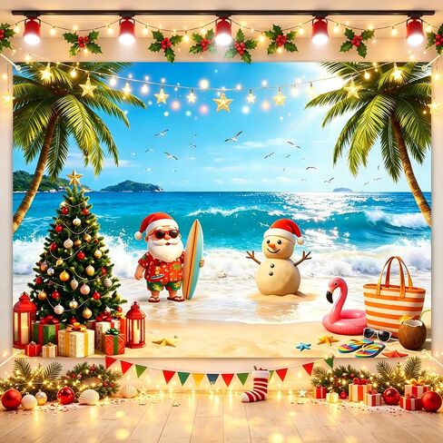 7x5FT Christmas in July Backdrop, Large Sand Snowman and Beach Tropical Photography Background Banner, Summer Christmas Party Decorations with Hanging Ribbon in Kuwait