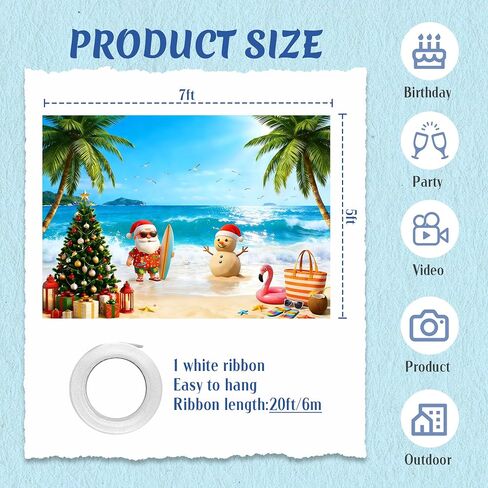 7x5FT Christmas in July Backdrop, Large Sand Snowman and Beach Tropical Photography Background Banner, Summer Christmas Party Decorations with Hanging Ribbon in Kuwait