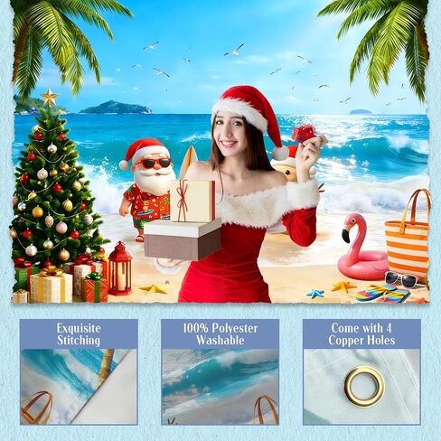 7x5FT Christmas in July Backdrop, Large Sand Snowman and Beach Tropical Photography Background Banner, Summer Christmas Party Decorations with Hanging Ribbon in Kuwait