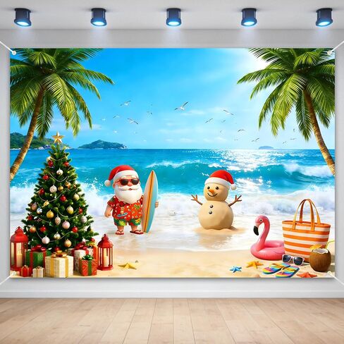 7x5FT Christmas in July Backdrop, Large Sand Snowman and Beach Tropical Photography Background Banner, Summer Christmas Party Decorations with Hanging Ribbon in Kuwait