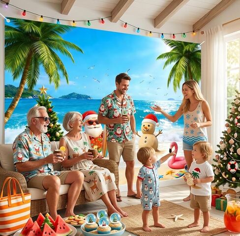 7x5FT Christmas in July Backdrop, Large Sand Snowman and Beach Tropical Photography Background Banner, Summer Christmas Party Decorations with Hanging Ribbon in Kuwait