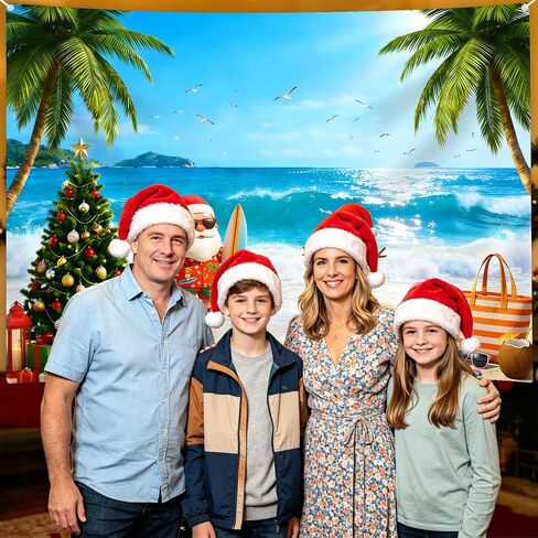 7x5FT Christmas in July Backdrop, Large Sand Snowman and Beach Tropical Photography Background Banner, Summer Christmas Party Decorations with Hanging Ribbon in Kuwait
