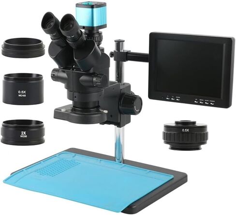 Microscope 3.5X-90X Zoom Simul-Focal Trinocular Stereo Microscope +0.5X 2X 1X Auxiliary Objective Lens+ Camera + 8" LCD Monitor,48Mp USB, in Kuwait