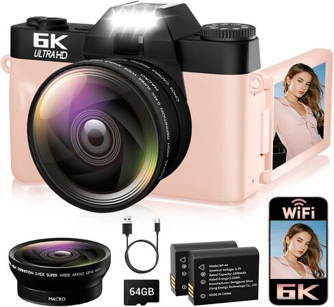 6K Digital Camera for Photography Autofocus, 64MP WiFi Vlogging Camera for YouTube with 3" 180° Flip Screen 16X Zoom, 64GB SD Card & 2 Batteries Pink Compact Travel Camera for Beginners Teens in Kuwait