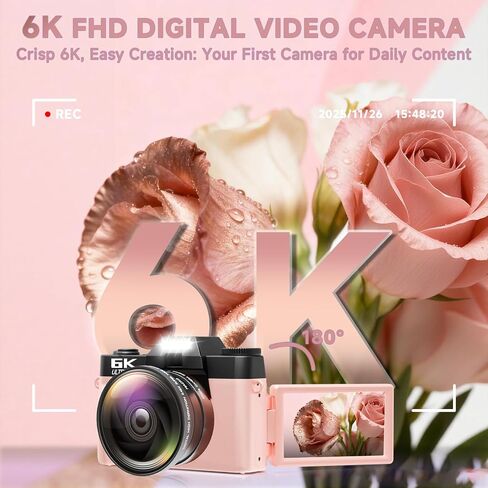 6K Digital Camera for Photography Autofocus, 64MP WiFi Vlogging Camera for YouTube with 3" 180° Flip Screen 16X Zoom, 64GB SD Card & 2 Batteries Pink Compact Travel Camera for Beginners Teens in Kuwait