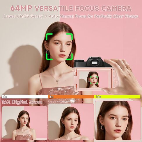 6K Digital Camera for Photography Autofocus, 64MP WiFi Vlogging Camera for YouTube with 3" 180° Flip Screen 16X Zoom, 64GB SD Card & 2 Batteries Pink Compact Travel Camera for Beginners Teens in Kuwait