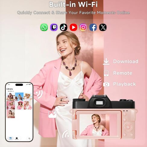 6K Digital Camera for Photography Autofocus, 64MP WiFi Vlogging Camera for YouTube with 3" 180° Flip Screen 16X Zoom, 64GB SD Card & 2 Batteries Pink Compact Travel Camera for Beginners Teens in Kuwait