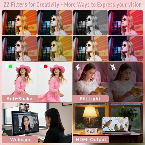 6K Digital Camera for Photography Autofocus, 64MP WiFi Vlogging Camera for YouTube with 3" 180° Flip Screen 16X Zoom, 64GB SD Card & 2 Batteries Pink Compact Travel Camera for Beginners Teens in Kuwait