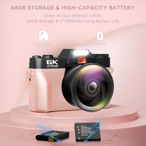 6K Digital Camera for Photography Autofocus, 64MP WiFi Vlogging Camera for YouTube with 3" 180° Flip Screen 16X Zoom, 64GB SD Card & 2 Batteries Pink Compact Travel Camera for Beginners Teens in Kuwait