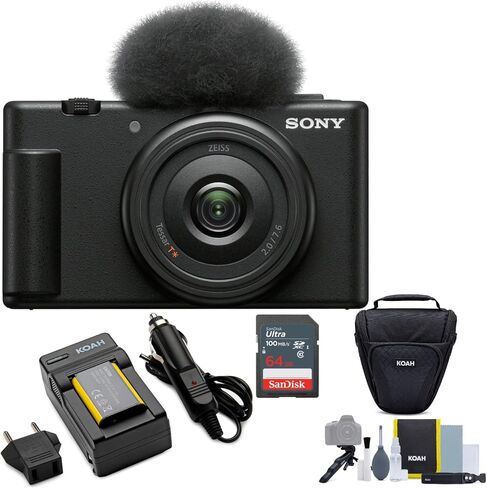 Sony ZV-1F Vlog Camera for Content Creators and Vloggers (Black) Bundle | 64GB Memory Card, Lithium-Ion Battery Pack, Holster Case, Photo Video Art Suite, (5 items) in Kuwait