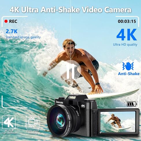 4K Digital Camera for Photography 48MP, WiFi 180° Flip Screen | Anti-shake, 16X zoom, Wide-angle and Macro lens, Rechargeable battery, for YouTube vlogging, Travel, Teens, Beginners in Kuwait