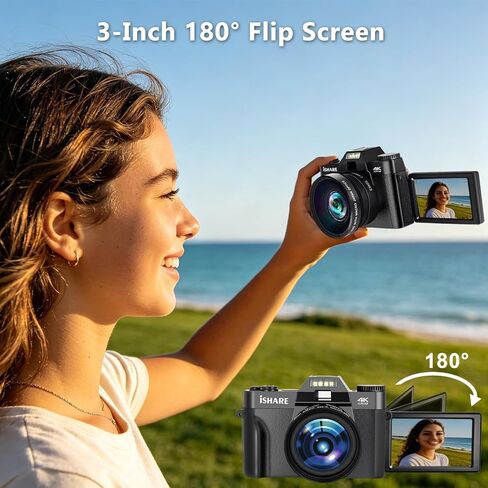 4K Digital Camera for Photography 48MP, WiFi 180° Flip Screen | Anti-shake, 16X zoom, Wide-angle and Macro lens, Rechargeable battery, for YouTube vlogging, Travel, Teens, Beginners in Kuwait