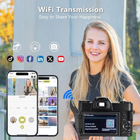 4K Digital Camera for Photography 48MP, WiFi 180° Flip Screen | Anti-shake, 16X zoom, Wide-angle and Macro lens, Rechargeable battery, for YouTube vlogging, Travel, Teens, Beginners in Kuwait