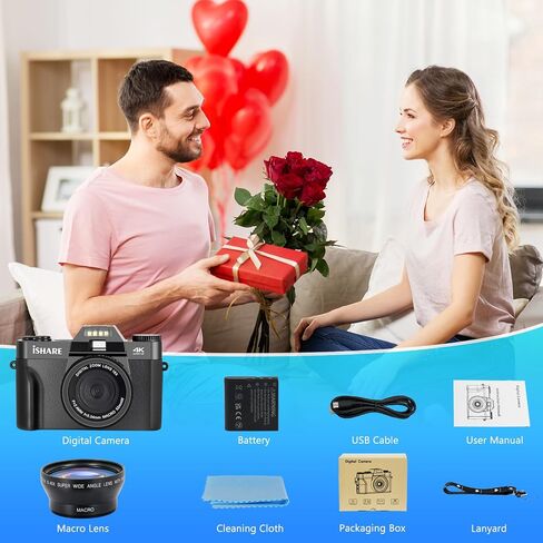 4K Digital Camera for Photography 48MP, WiFi 180° Flip Screen | Anti-shake, 16X zoom, Wide-angle and Macro lens, Rechargeable battery, for YouTube vlogging, Travel, Teens, Beginners in Kuwait