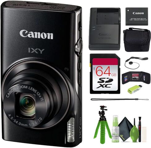 Canon PowerShot IXY 650 HS Compact Digital Camera & Tripod (Black) Bundle | For Photography & Video | 12x Optical Zoom + 64GB Memory Card + Cleaning Kit + Card Reader + More in Kuwait