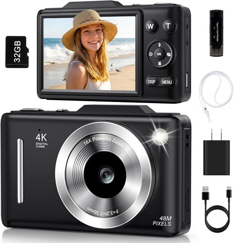 Digital Camera 4K Autofocus Vlogging Camera for Photography with 16X Zoom Anti Shake, 32GB Card, 48MP Compact Portable Point and Shoot Camera for Kids Boys Girls Teens Beginner（Black） in Kuwait
