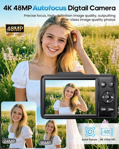 Digital Camera 4K Autofocus Vlogging Camera for Photography with 16X Zoom Anti Shake, 32GB Card, 48MP Compact Portable Point and Shoot Camera for Kids Boys Girls Teens Beginner（Black） in Kuwait
