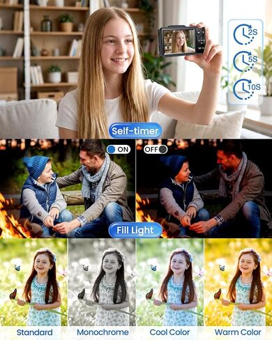 Digital Camera 4K Autofocus Vlogging Camera for Photography with 16X Zoom Anti Shake, 32GB Card, 48MP Compact Portable Point and Shoot Camera for Kids Boys Girls Teens Beginner（Black） in Kuwait